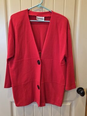Vintage Peter Popovitch Red Knit Cardigan Ribbed Waist Tunic Sweater Large